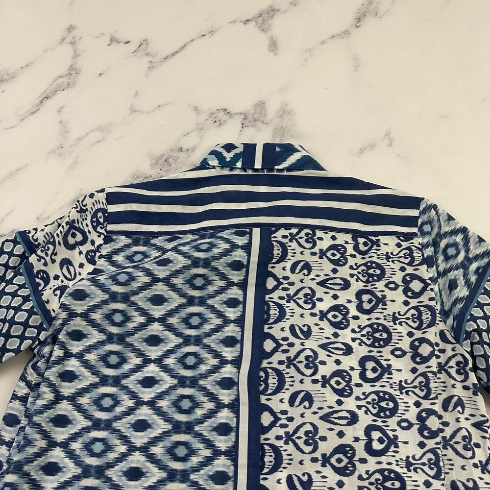 Vilagallo Womens Button Up Top Size 40 M Blue Ikat Stripe Mixed Print Light - Picture 10 of 13